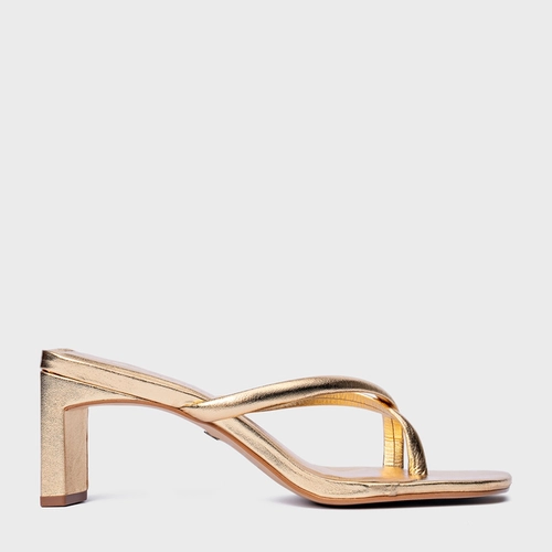 Open Mule Essential Salto Reto Couro Metalizado Dourado Gold