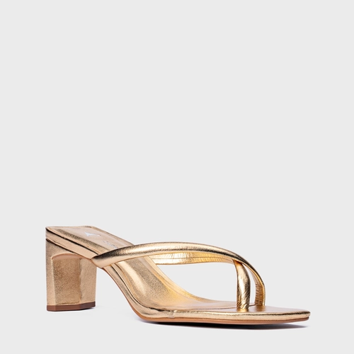 Open Mule Essential Salto Reto Couro Metalizado Dourado Gold