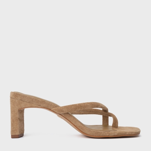 Open Mule Essential Salto Reto Couro Suede Bege Almond