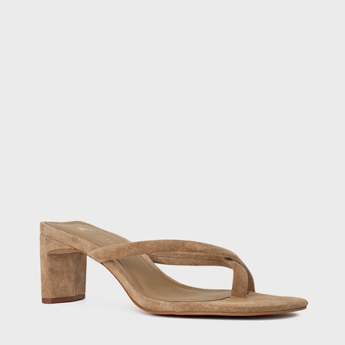 Open Mule Essential Salto Reto Couro Suede Bege Almond