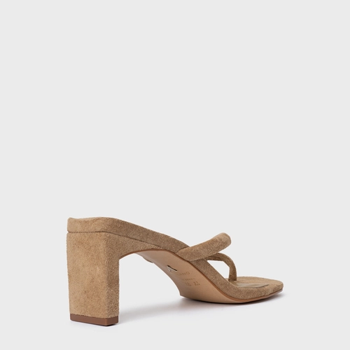 Open Mule Essential Salto Reto Couro Suede Bege Almond
