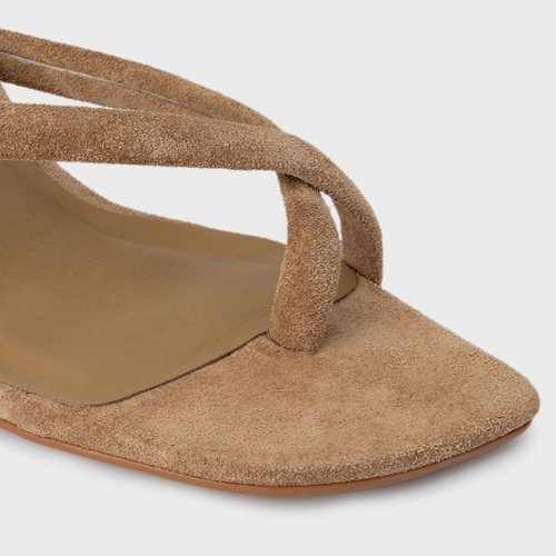 Open Mule Essential Salto Reto Couro Suede Bege Almond