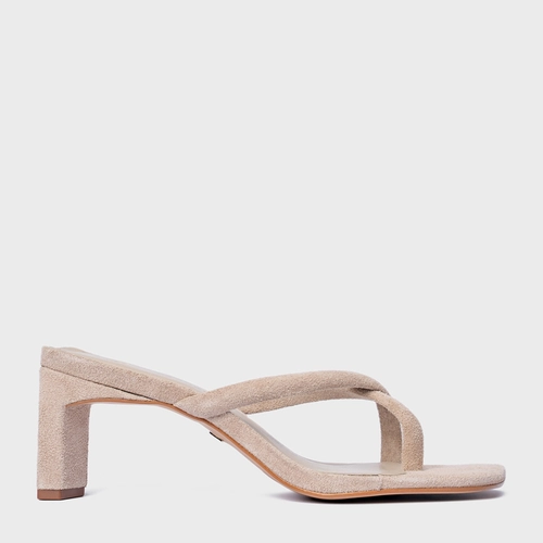 Open Mule Essential Salto Reto Couro Suede Bege Oatmeal