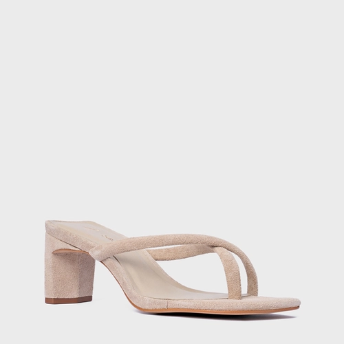 Open Mule Essential Salto Reto Couro Suede Bege Oatmeal