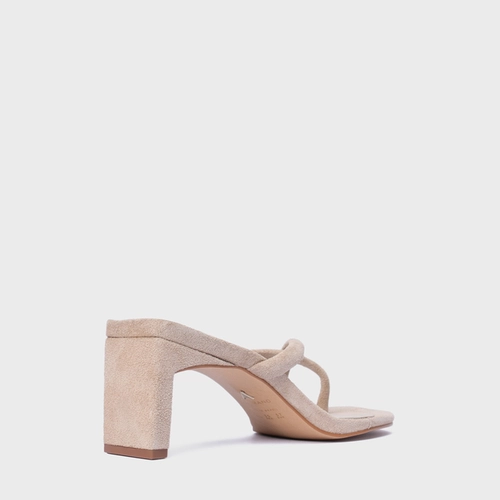 Open Mule Essential Salto Reto Couro Suede Bege Oatmeal