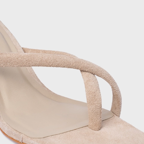 Open Mule Essential Salto Reto Couro Suede Bege Oatmeal