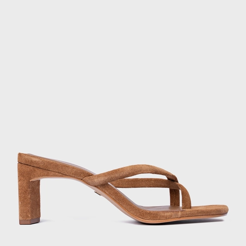 Open Mule Essential Salto Reto Couro Suede Marrom Saddle