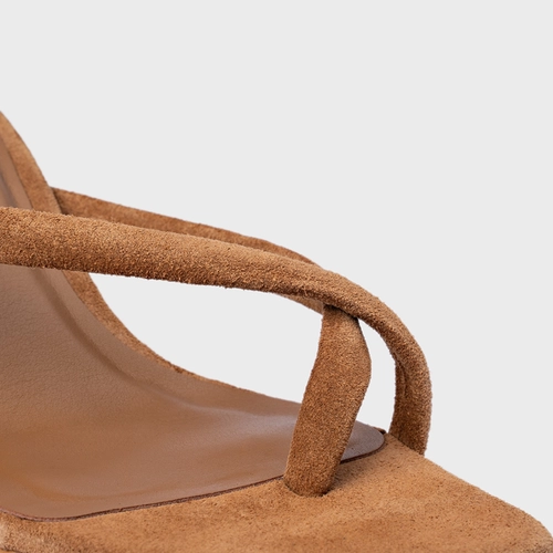 Open Mule Essential Salto Reto Couro Suede Marrom Saddle
