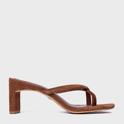 Open Mule Essential Salto Reto Couro Suede Marrom Walnut