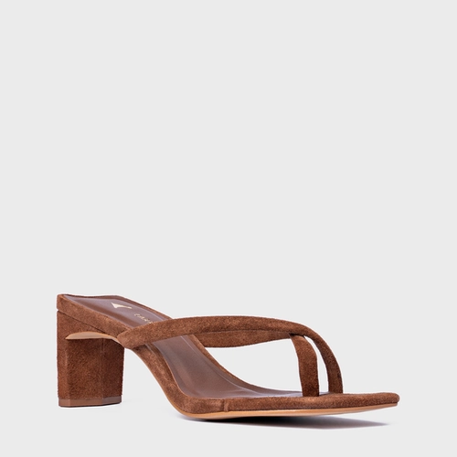 Open Mule Essential Salto Reto Couro Suede Marrom Walnut