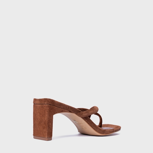Open Mule Essential Salto Reto Couro Suede Marrom Walnut