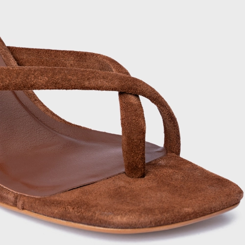 Open Mule Essential Salto Reto Couro Suede Marrom Walnut