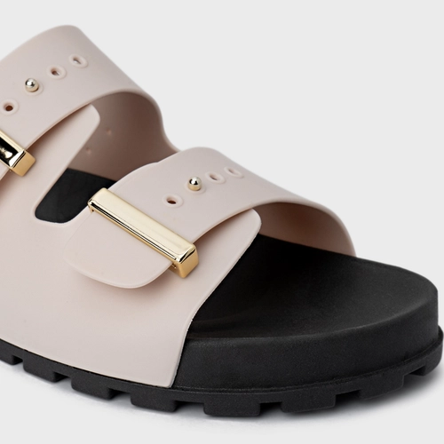 Rasteira Birken Metal Preto e Off White Vanilla