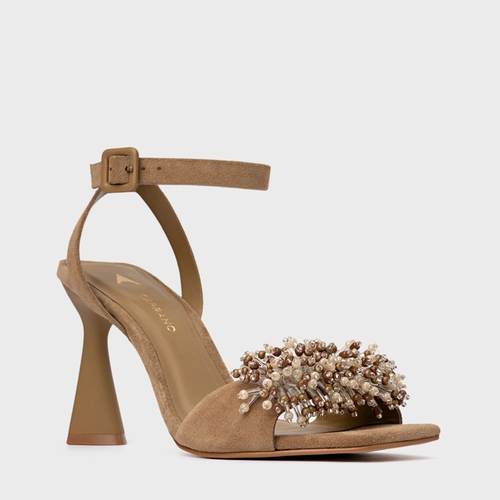 Sandália Bloom Salto Allure Couro Suede Bege Almond