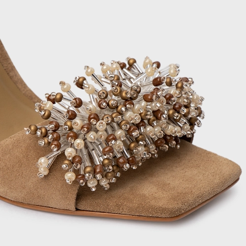 Sandália Bloom Salto Allure Couro Suede Bege Almond