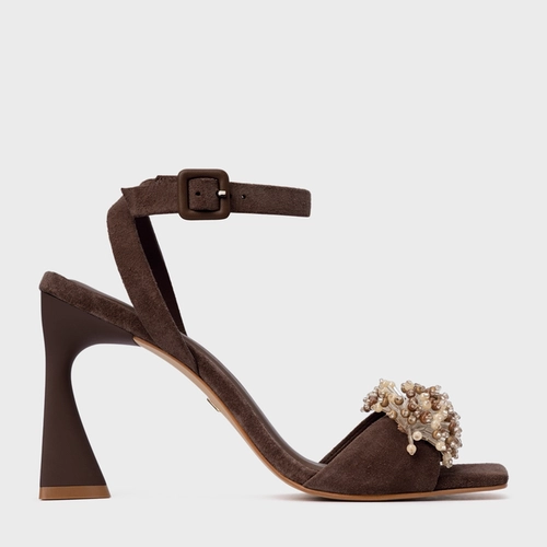 Sandália Bloom Salto Allure Couro Suede Marrom Ganache