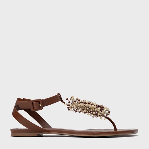 Sandália Rasteira Bloom Couro Marrom Walnut