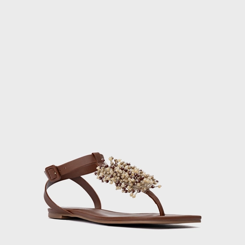 Sandália Rasteira Bloom Couro Marrom Walnut