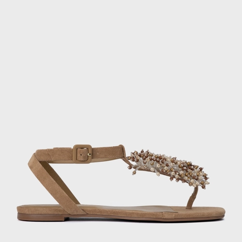 Sandália Rasteira Bloom Couro Suede Bege Almond