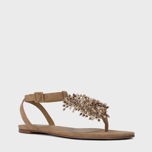Sandália Rasteira Bloom Couro Suede Bege Almond