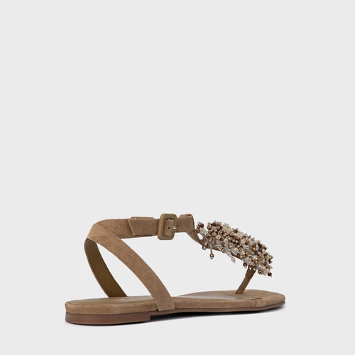 Sandália Rasteira Bloom Couro Suede Bege Almond