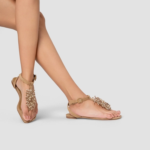 Sandália Rasteira Bloom Couro Suede Bege Almond