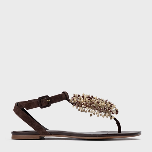 Sandália Rasteira Bloom Couro Suede Marrom Ganache