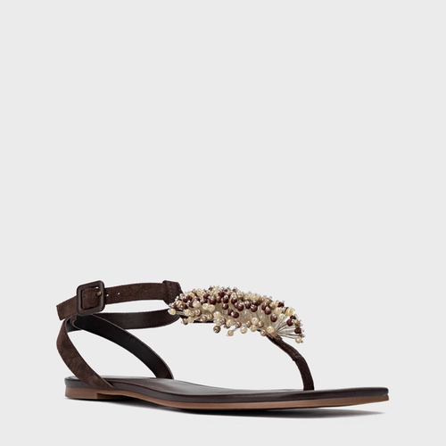 Sandália Rasteira Bloom Couro Suede Marrom Ganache