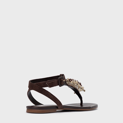 Sandália Rasteira Bloom Couro Suede Marrom Ganache