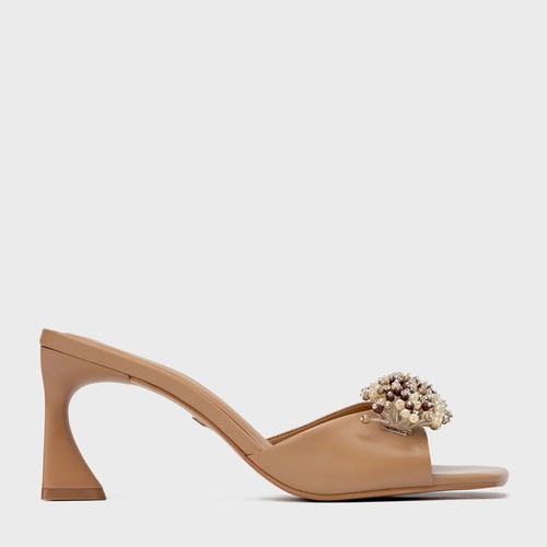 Open Mule Bloom Salto Allure Couro Marrom Cookie