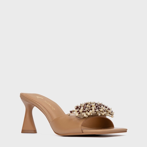 Open Mule Bloom Salto Allure Couro Marrom Cookie