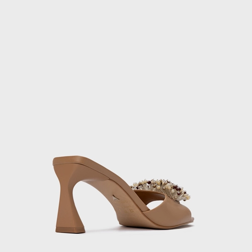 Open Mule Bloom Salto Allure Couro Marrom Cookie