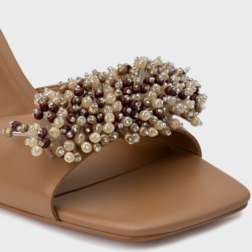 Open Mule Bloom Salto Allure Couro Marrom Cookie