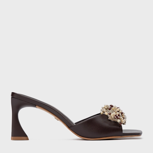 Open Mule Bloom Salto Allure Couro Marrom Ganache