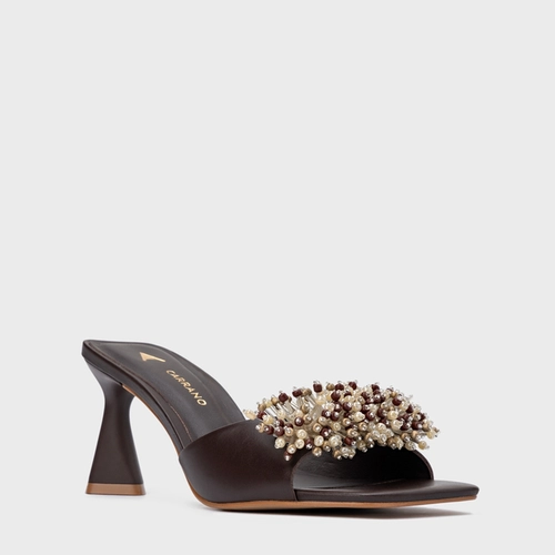 Open Mule Bloom Salto Allure Couro Marrom Ganache