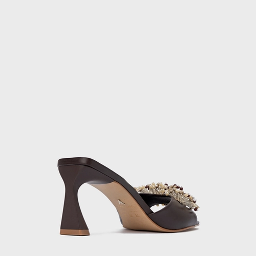 Open Mule Bloom Salto Allure Couro Marrom Ganache