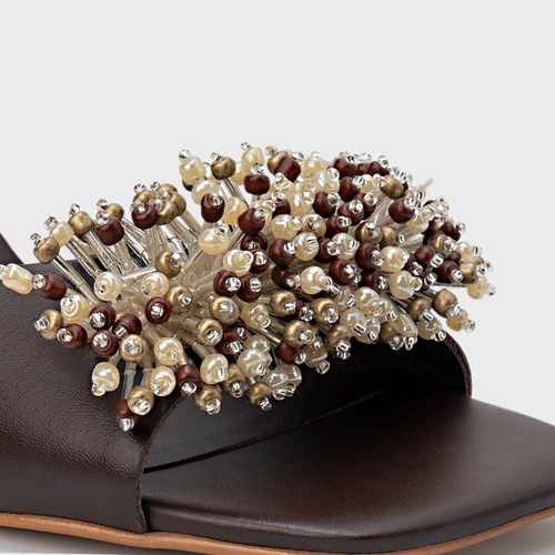 Open Mule Bloom Salto Allure Couro Marrom Ganache