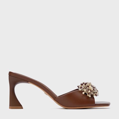 Open Mule Bloom Salto Allure Couro Marrom Walnut