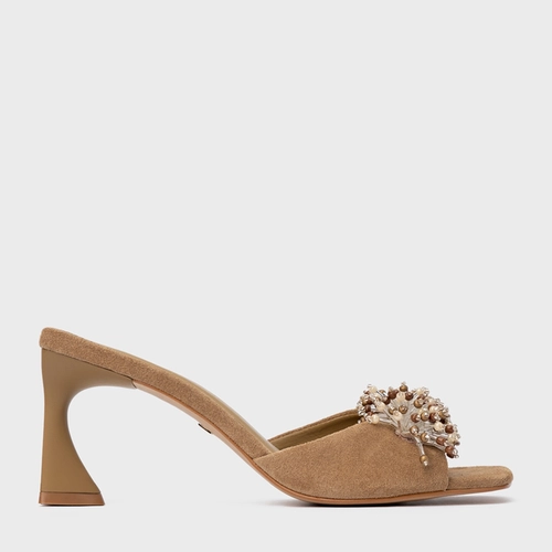 Open Mule Bloom Salto Allure Couro Suede Bege Almond