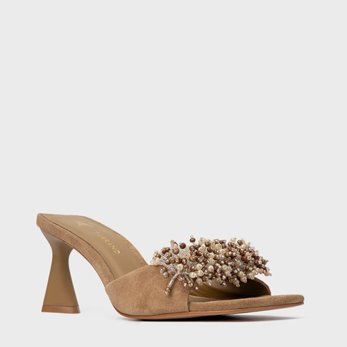 Open Mule Bloom Salto Allure Couro Suede Bege Almond