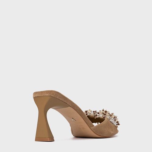 Open Mule Bloom Salto Allure Couro Suede Bege Almond