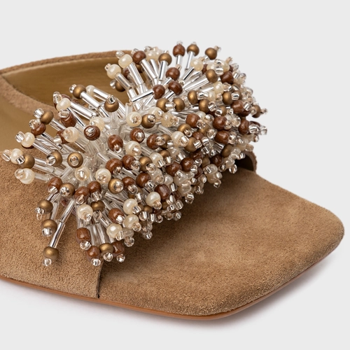 Open Mule Bloom Salto Allure Couro Suede Bege Almond