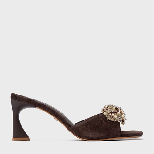 Open Mule Bloom Salto Allure Couro Suede Marrom Ganache