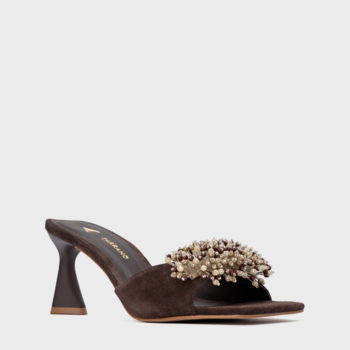 Open Mule Bloom Salto Allure Couro Suede Marrom Ganache