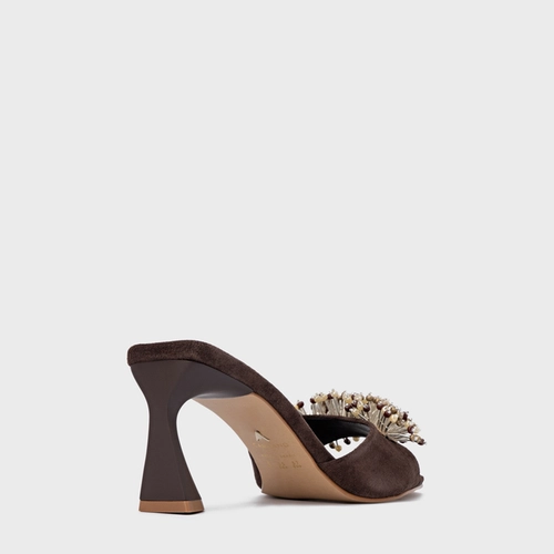 Open Mule Bloom Salto Allure Couro Suede Marrom Ganache