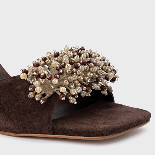 Open Mule Bloom Salto Allure Couro Suede Marrom Ganache