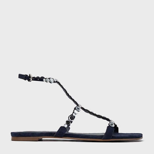 Sandália Rasteira Mirror Couro Suede Azul Navy