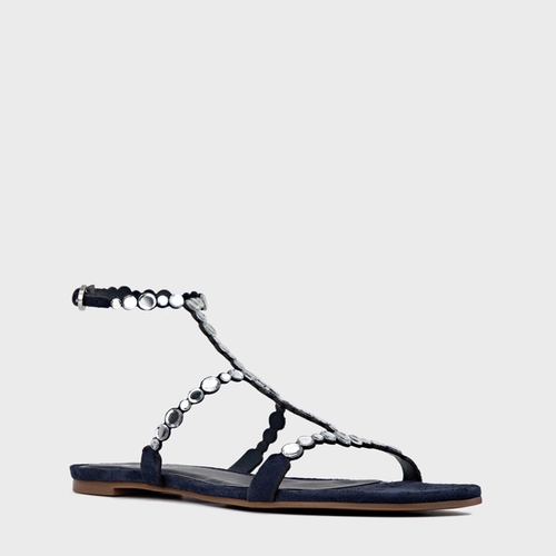 Sandália Rasteira Mirror Couro Suede Azul Navy
