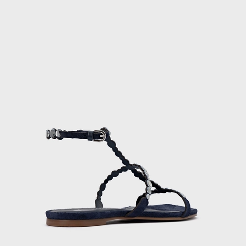 Sandália Rasteira Mirror Couro Suede Azul Navy