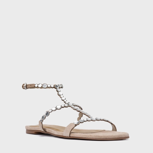 Sandália Rasteira Mirror Couro Suede Bege Oatmeal